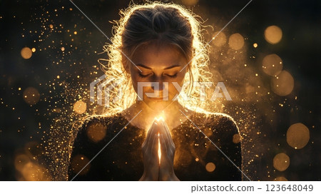 A woman praying surrounded by light A woman praying surrounded by light 123648049