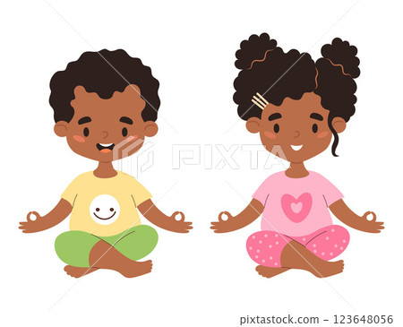 Yoga Kids. Cute afro american curly girl and boy sitting in asana and meditating in lotus pose. Isolated happy children characters on white background. Hobby, sports. Vector illustration in flat style Yoga Kids. Cute afro american curly girl and boy sitting in asana and meditating in lotus pose. Isolated happy children characters on white background. Hobby, sports. Vector illustration in flat style 123648056