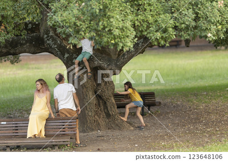 Family enjoying a sunny day in the park with children climbing trees and playing 123648106