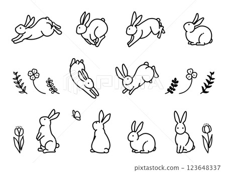 Simple and cute rabbit line drawing illustration (monochrome) 123648337