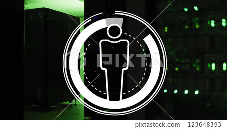 Human figure icon image over server room with green lights Human figure icon image over server room with green lights 123648393