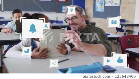 Image of network of connections with icons over diverse schoolgirl and teacher using tablet 123648400