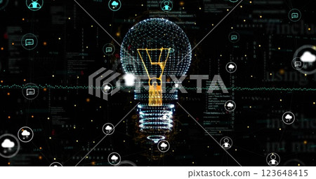 Image of digital lightbulb and media icons over globe and data processing 123648415