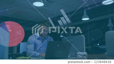 Image of charts processing data over caucasian businessman working late at office 123648416