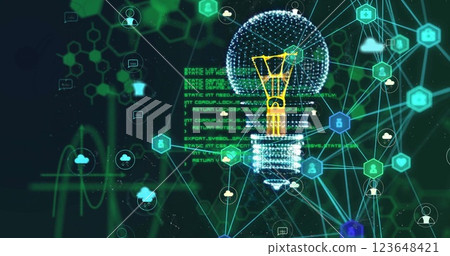 Image of digital lightbulb and media icons over chemical formula and data processing Image of digital lightbulb and media icons over chemical formula and data processing 123648421