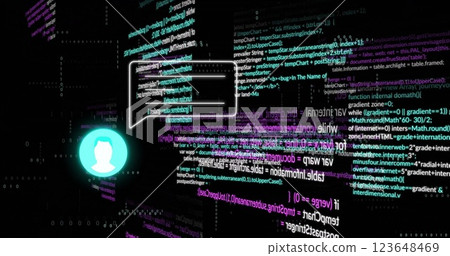 Image of icon and speech bublle and data processing over dark background Image of icon and speech bublle and data processing over dark background 123648469