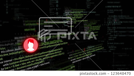 Image of icon and speech bublle and data processing over dark background Image of icon and speech bublle and data processing over dark background 123648470
