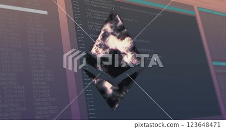 Image of cryptocurrency sign and data processing over dark background Image of cryptocurrency sign and data processing over dark background 123648471