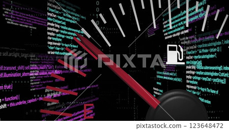 Image of speedometer and data processing over dark background 123648472