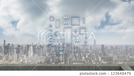 Image of circuit board and data processing over cityscape 123648479