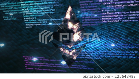 Image of cryptocurrency sign and data processing over dark background Image of cryptocurrency sign and data processing over dark background 123648482