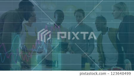 Image of financial data processing over diverse business people in office Image of financial data processing over diverse business people in office 123648499