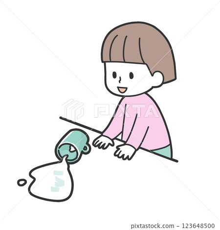 一個孩子玩耍時打翻了一個杯子 123648500