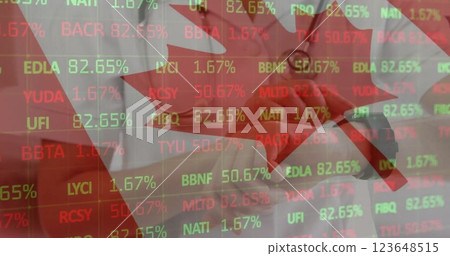 Image of flag of canada over caucasian female doctor using smartwatch 123648515