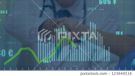 Image of financial data processing over diverse doctors shaking hands 123648516