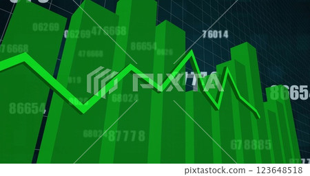 Image of financial data processing over grid on black background 123648518
