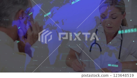 Image of financial data processing and world map over diverse female doctor and patient 123648519