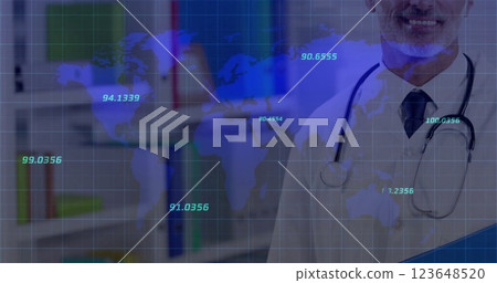 Image of financial data processing and world map over caucasian male doctor with stethoscope Image of financial data processing and world map over caucasian male doctor with stethoscope 123648520