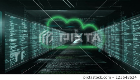 Image of cloud icon and data processing over dark background 123648624