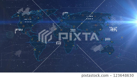 Image of data processing over world map on dark background 123648630