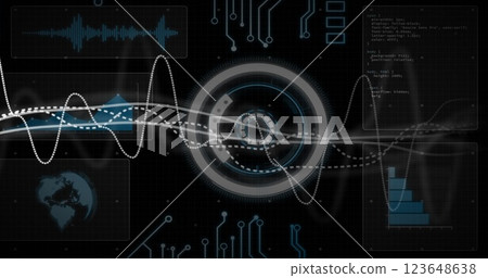 Image of digital data processing and scope over circuit board Image of digital data processing and scope over circuit board 123648638