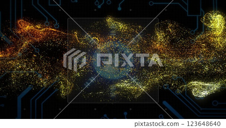 Image of digital data processing and scope over circuit board and flames Image of digital data processing and scope over circuit board and flames 123648640