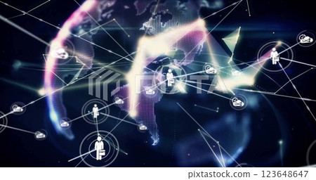 Image of network of connections with icons over globe 123648647
