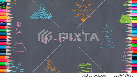 Image of school items icons with colourful crayons over black background 123648653