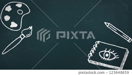 Image of school items icons with copy space over black background Image of school items icons with copy space over black background 123648659