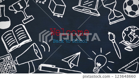 Image of welcome to school text and school items icons over black background 123648660