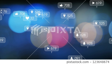 Image of social media icons with growing numbers over light spots on black background 123648674