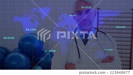 Image of financial data processing and world map over caucasian male doctor with stethoscope Image of financial data processing and world map over caucasian male doctor with stethoscope 123648677