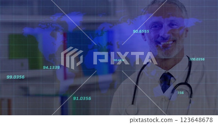 Image of financial data processing and world map over caucasian male doctor with stethoscope Image of financial data processing and world map over caucasian male doctor with stethoscope 123648678