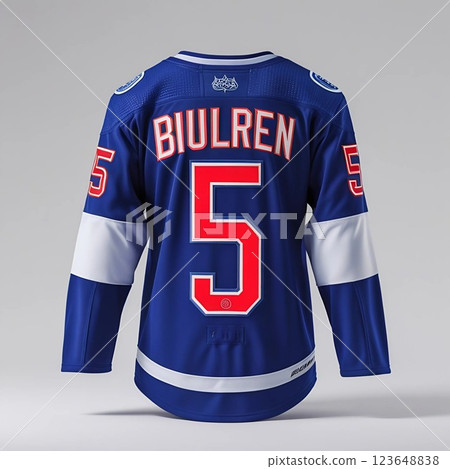 Blue hockey jersey with red and white accents.  123648838