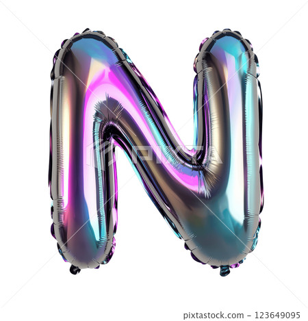 Holographic balloon alphabet letters with a metallic shine, perfect for celebrations and creative designs 123649095