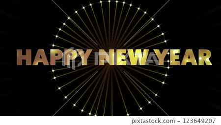 Image of happy new year text and fireworks on black background 123649207