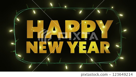 Image of happy new year text and fairy lights on black background 123649214