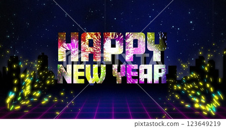 Image of happy new year text and confetti over blue background 123649219