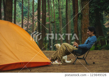 solo traveler in nature concept with asian man camping and work online with pink cherry blossom and pine tree in springtime season 123649326
