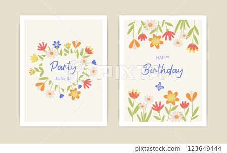 Botanical collection of postcards with decorative floral ornaments, in the form of a heart and a floral frame, with a place for the text. An elegant set of vector layouts for invitations, posters. Botanical collection of postcards with decorative floral ornaments, in the form of a heart and a floral frame, with a place for the text. An elegant set of vector layouts for invitations, posters. 123649444