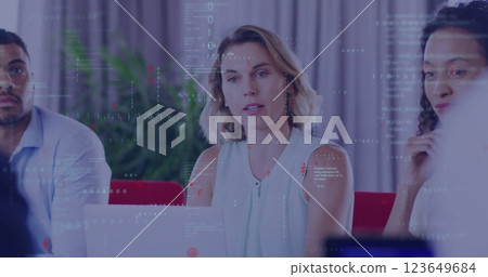 Image of data processing over diverse business people in office 123649684