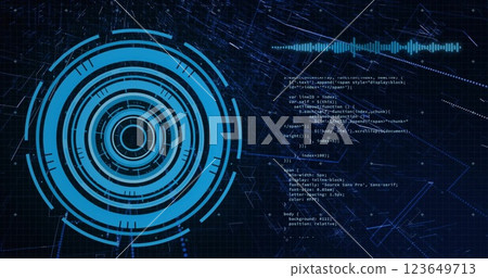 Image of binary coding and digital data processing over black background 123649713