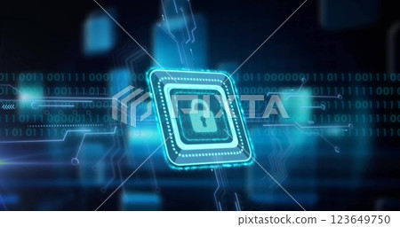 Image of padlock icon, binary coding data processing over circuit board Image of padlock icon, binary coding data processing over circuit board 123649750