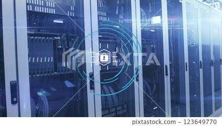 Image of padlock icon and digital data processing over computer servers Image of padlock icon and digital data processing over computer servers 123649770