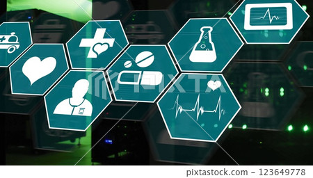Image of scientific and medical icons with data processing over computer servers 123649778