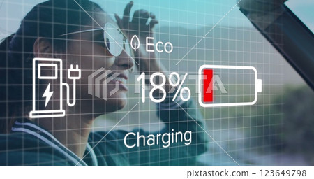Charging image over person driving electric vehicle with eco-friendly indicators Charging image over person driving electric vehicle with eco-friendly indicators 123649798