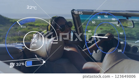 Driving convertible car, woman enjoying summer, speedometer and battery level image over scene 123649806