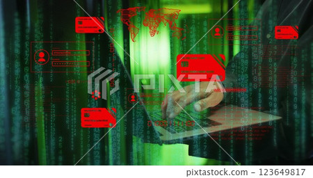 Image of credit cards and data processing over man using laptop and computer servers Image of credit cards and data processing over man using laptop and computer servers 123649817