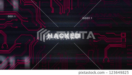 Hacked text image over circuit board design with binary code 123649825