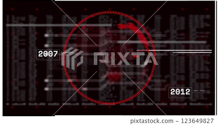 Red digital globe image over data and numbers with years Red digital globe image over data and numbers with years 123649827